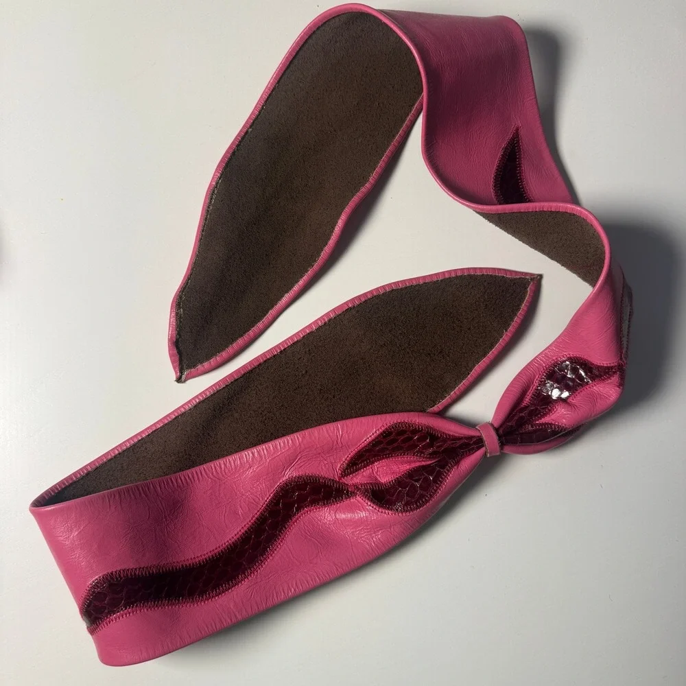 Vtg 80s Pink Leather Wrap Obi Belt Burgundy Snakeskin Embossed Bow Maximalist